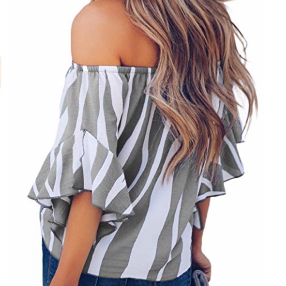 Striped Off Shoulder Bell Sleeve Shirt Tie Knot - Picture 3 of 3